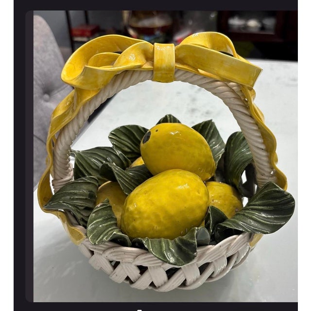 Mid-Century Modern Vintage Italian Majolica Ceramic Lemon Basket With Bow & Woven Handle For Sale - Image 3 of 7