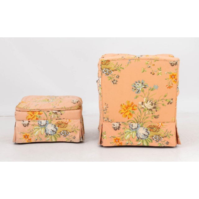 Peach Floral Upholstered Lounge Chair and Ottoman For Sale - Image 9 of 10