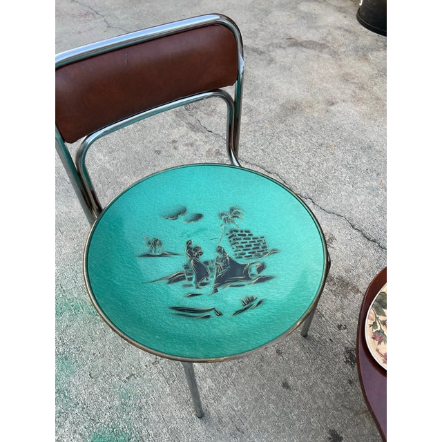 1970s Large Vintage Asian Teal Hand Painted Decorative Tray For Sale - Image 5 of 10
