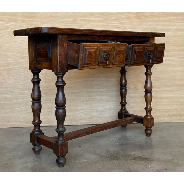 Mid 20th Century Spanish Console Table with Two Carved Drawers, 1940s For Sale - Image 5 of 18