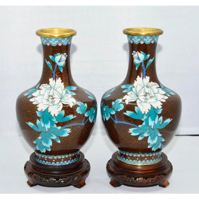 Chinese Cloisonné Enamel and Brass Thousand Flowers Vases - a Pair For Sale - Image 9 of 9
