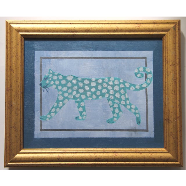A leopard silhouette in mutes shades of aqua green, slate gray with a navy border. Abstract, Minimalism, Folk Art, English...