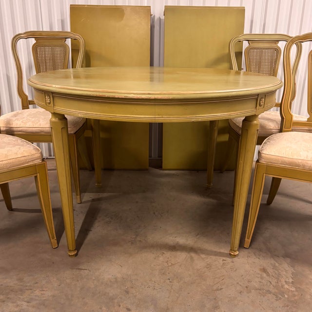 Absolutely lovely and charming early to mid 20th century Gustavian/Swedish style dining table and six chairs, all in...