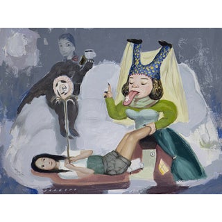 Wisdom by Nadezda | Oil on Panel depicting a surreal scene with figures and symbolic elements. For Sale