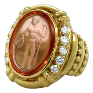 Late 20th Century Judith Ripka, Citrine Intaglio and Diamond Ring, 18k Yellow Gold, Size 6