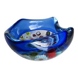 C.1960's Italian Hand-Blown Murano by Alfredo Barbini "Incalmo" Catchall Bowl - Cobalt Blue & Clear Center With Millefiori For Sale