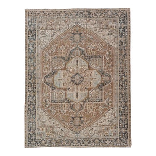 Persian Antique Heriz Rug With Geometric Design in Blue's, Tan, Cream, and Brown 11'5 X 14'7 For Sale