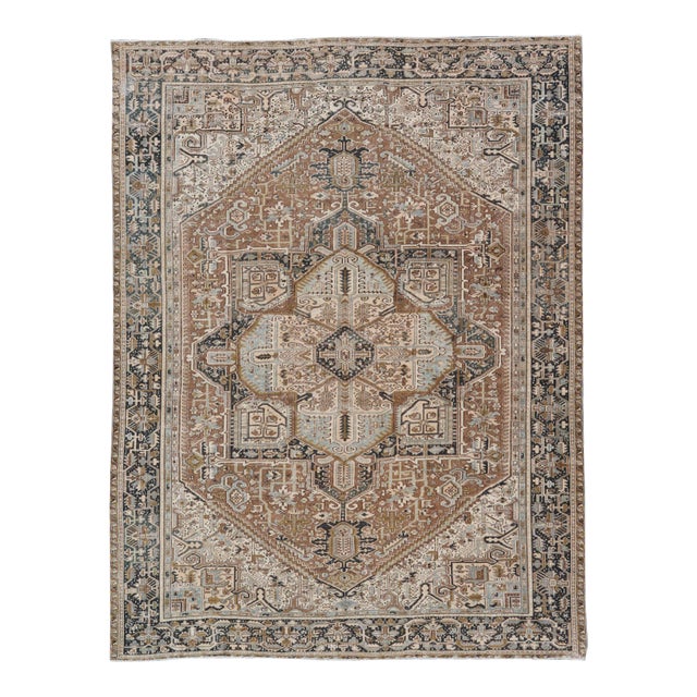 Persian Antique Heriz Rug With Geometric Design in Blue's, Tan, Cream, and Brown 11'5 X 14'7 For Sale