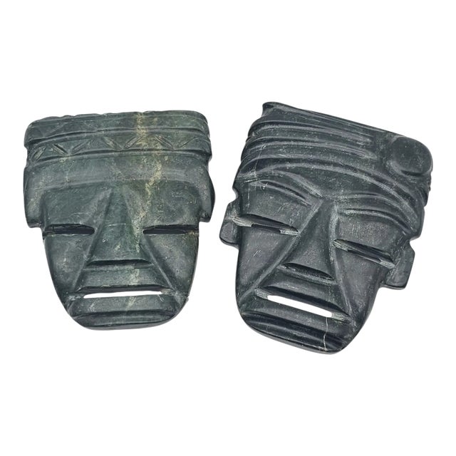 Pair of Green Stone Olmec-Style Mask Wall Plaques, Pre-Columbian Revival For Sale