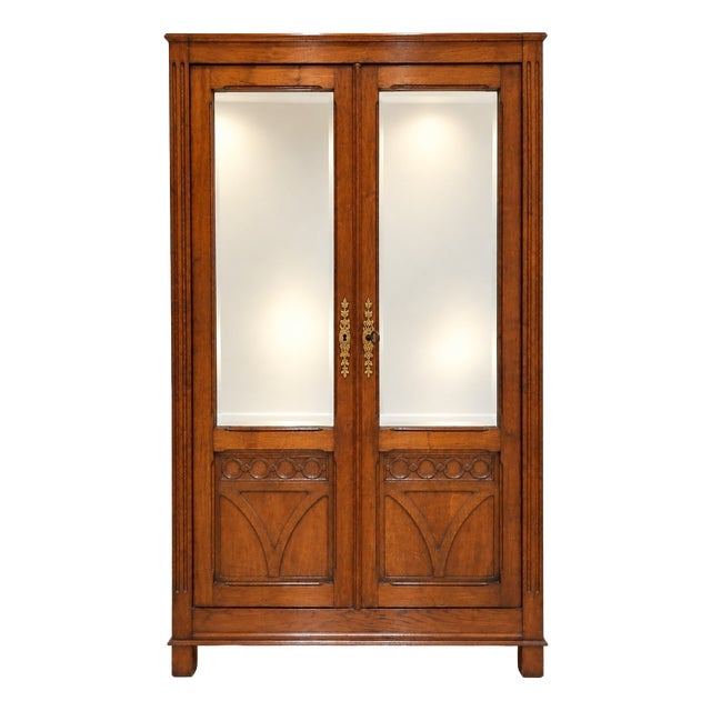 Art Nouveau Oak 2-Door Wardrobe with Beveled Mirrors, 1890s For Sale