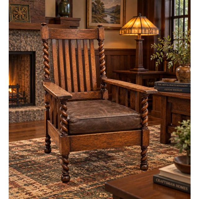 Stickley Brothers Antique Arts & Crafts, Original Stickley Brothers, Oak, Slat Back, Very Rare Barley Twist Stiles & Legs Lounge Chair. Labeled and Stamped For Sale - Image 4 of 10