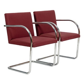 Pair Mid-Century Red Brno Armchairs by Mies Van Der Rohe for Knoll, 1983 For Sale