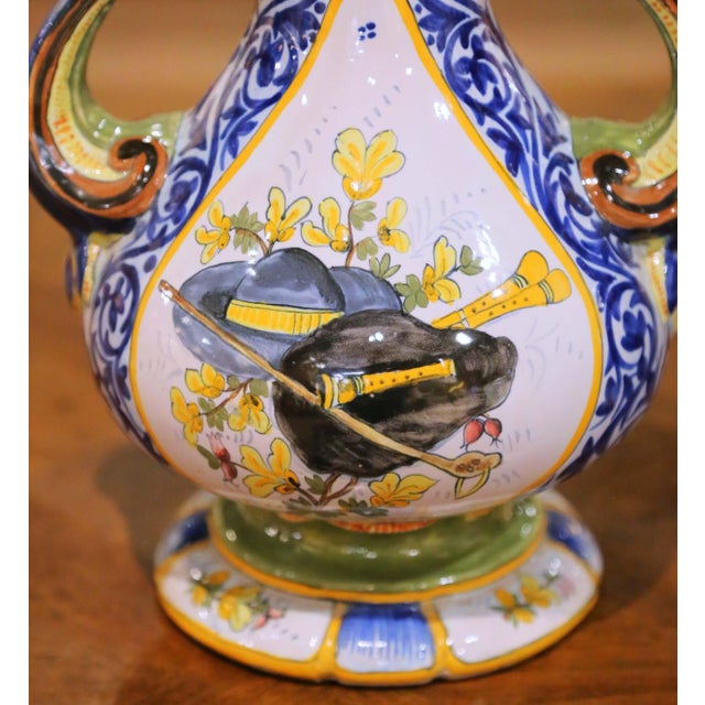 Pair of 19th Century French Hb Quimper Hand Painted Faience Tall Neck Vases For Sale - Image 12 of 16