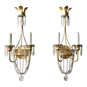 Pair of Niermann Weeks 'Neapolitan' Crystal & Gilt Metal Two Light Wall Sconces