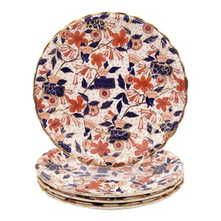 Circa 1880 Hand-Decorated Plates in Rust, Cobalt Blue, and Gold, Staffordshire, England- Set of 4 For Sale