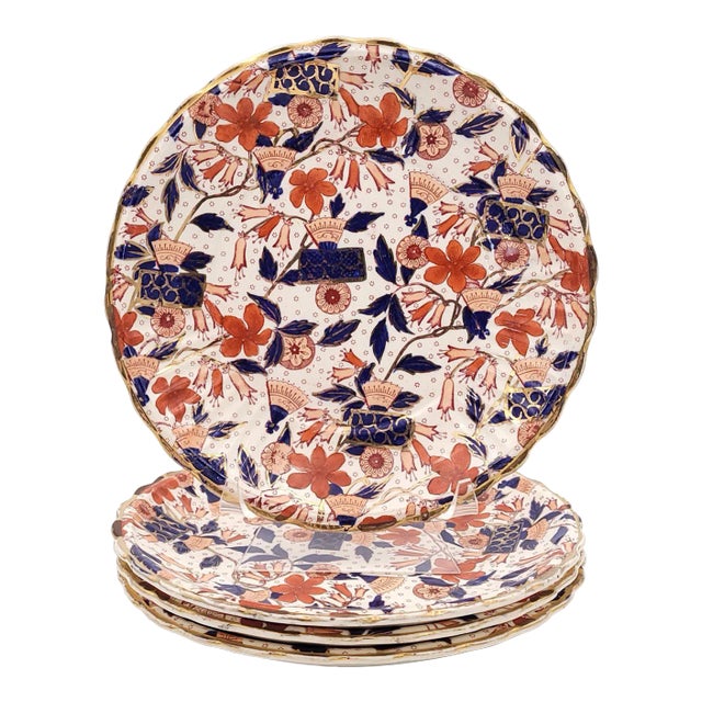 Circa 1880 Hand-Decorated Plates in Rust, Cobalt Blue, and Gold, Staffordshire, England- Set of 4 For Sale