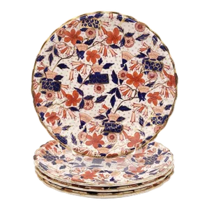 Circa 1880 Hand-Decorated Plates in Rust, Cobalt Blue, and Gold, Staffordshire, England- Set of 4