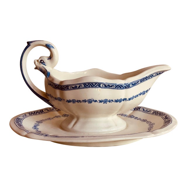 Rare 1800s Gien France Serpent & Fantasy Animal Design Sauce Boat For Sale