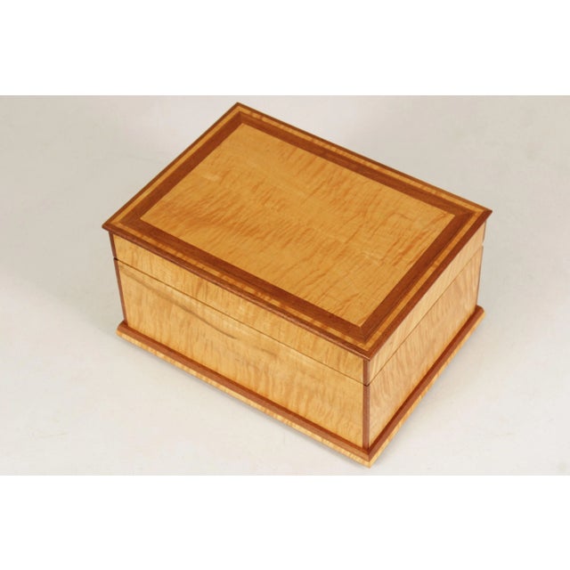 Custom Quality Handmade Inlaid Maple Cigar Box with Hinged Lid Opening to Hygrometer, Includes Cigar Cutter and Matchbox...