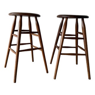 Mid 20th Century Pair of Signed Wooden Stools For Sale