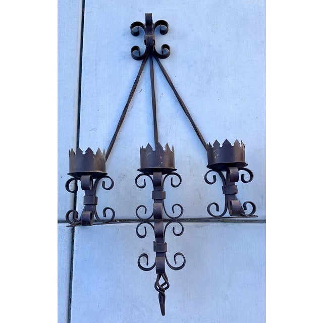 Early 20th Century Early 20th Century Hand Forged Wrought Iron Medieval Large Candelabra Spanish Revival Sconce Set For Sale - Image 5 of 9