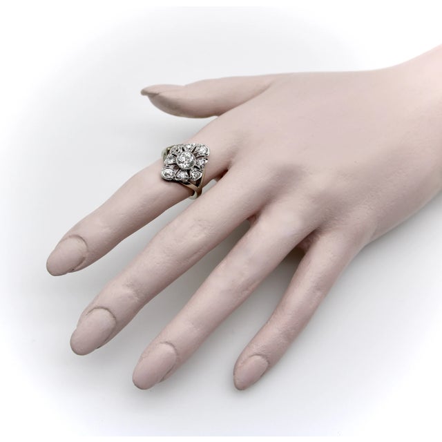 14k White Gold Old European Cut and Old Mine Cut Diamond Flower Ring For Sale - Image 11 of 11