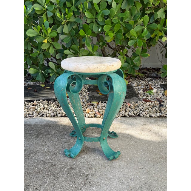 Vintage Hand-Painted Iron Side Table With Travertine Top For Sale In Naples, FL - Image 6 of 12
