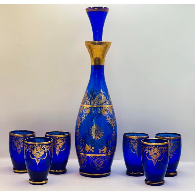 Early 20th Century Bohemian Glass Blue & Gold Decanter Set- 6 Glasses & Decanter For Sale - Image 4 of 11