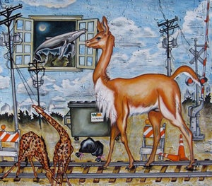 Urban Zoo by Louis Recchia | Oil on Canvas Animals in an urban setting with a surreal twist.