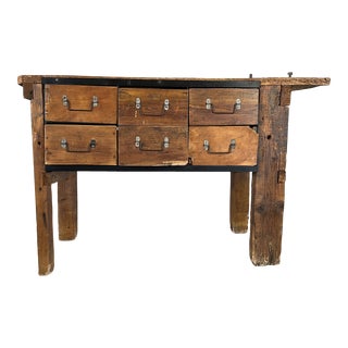 Unique Vintage Industrial Work Bench Sideboard Console Table With Six Drawers For Sale