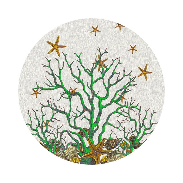 2020s Coral Reef Vegan Leather Round Pebble Placemat White Green, Set of 4 For Sale - Image 5 of 5