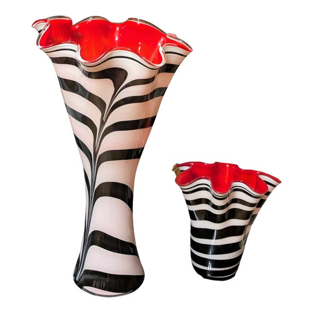 Monumental Jozefina Krosno Zebra Art Glass Vases - Pair (24" & 12") For Sale