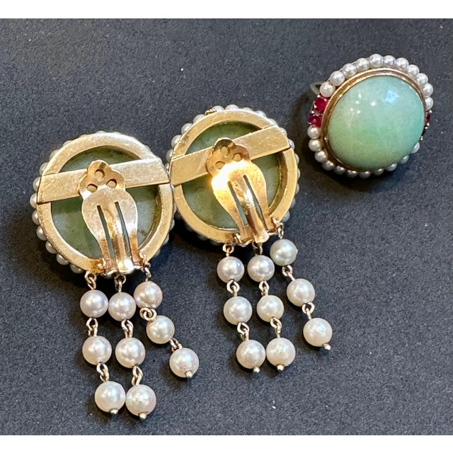 Vintage Natural Jade Earring & Ring Set + Natural Pearls, 14 K Yellow Gold 48 Gm For Sale - Image 17 of 18