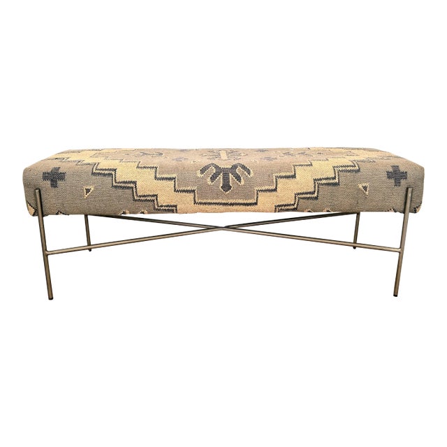 Vintage Kilim Rug Upholstered Modern Bench For Sale