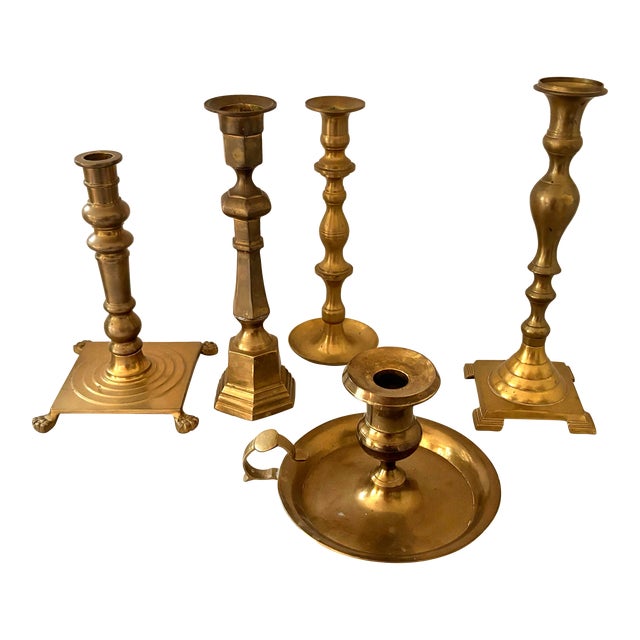 Late 20th Century Solid Brass Candlestick Holders - Set of 5 For Sale