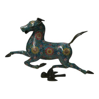 Chinese Turquoise Teal Enamel Galloping Horse Treading on a Flying Swallow Metal Figure For Sale