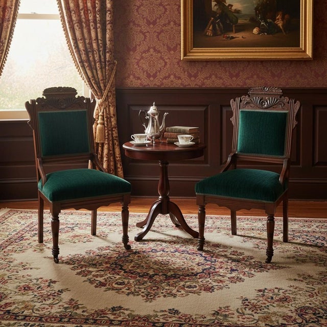 Antique 1880s Eastlake Chairs • Carved Victorian Pair • Green Velvet Upholstery For Sale - Image 14 of 14