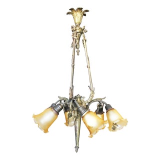 1900s Louis XVI Style Scrolling Bronze Belle Époque Six-Light Chandelier W/ Shades For Sale
