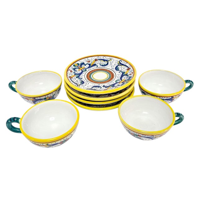 Contemporary Late 20th Century Italian Labor Deruta Hand-Painted Maiolica Cups and Saucers, Set of 4 For Sale - Image 3 of 18