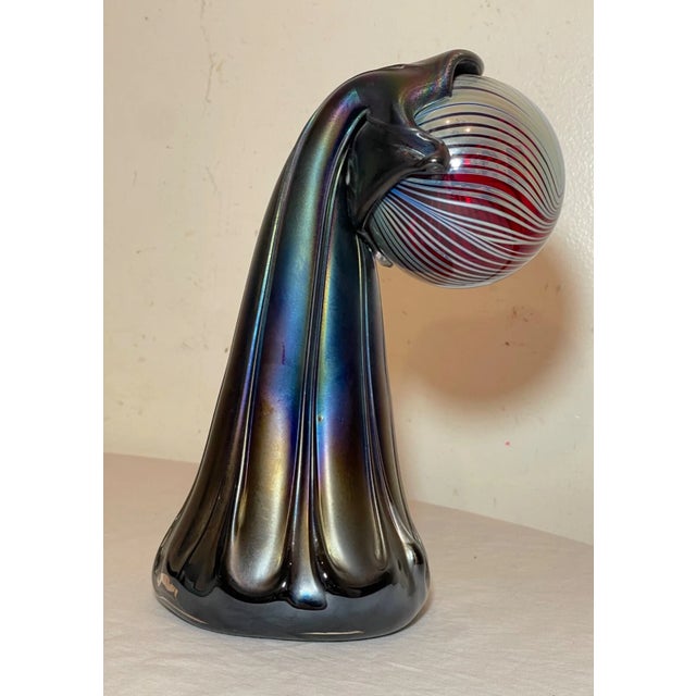 1980s Rare Hand Blown Aurene Iridescent Rainbow Glass Vase Holding Sphere Sculpture For Sale - Image 4 of 16