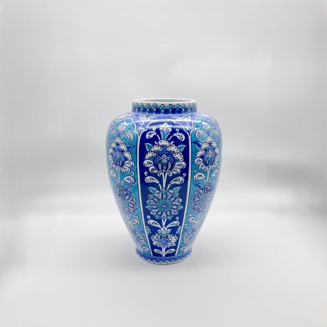 Ceramic Handmade Ceramic Shah Vase (30cm) Turquoise and Dark Blue Vertical Panels Temple Jar For Sale - Image 7 of 8
