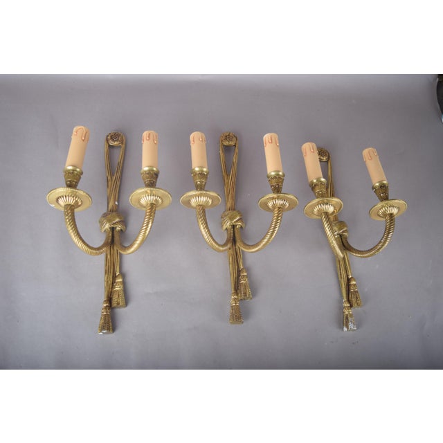 Brass Double-Arm Wall Sconces with Rope and Tassel Motif, 1950s, Set of 3 For Sale - Image 6 of 10