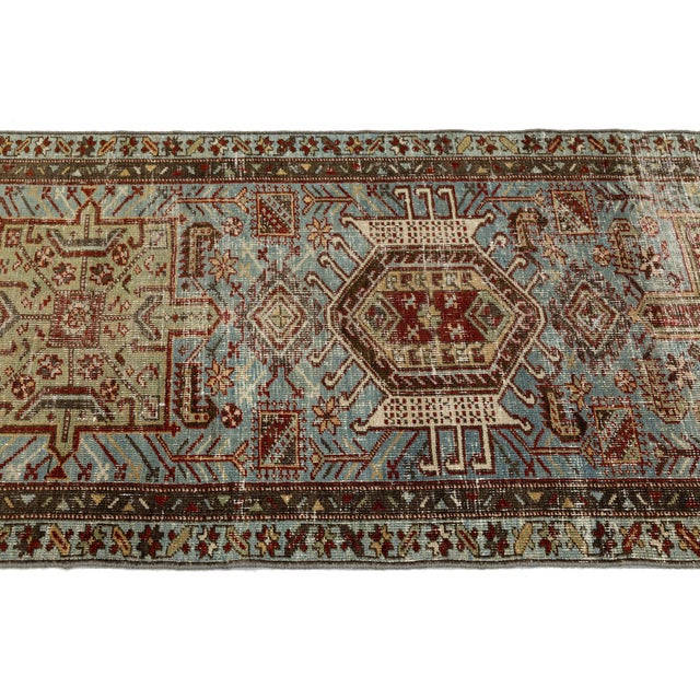 Antique Heriz Serapi Runner Rug, Muted Blue and Sage Wool Corridor Rug For Sale - Image 4 of 9