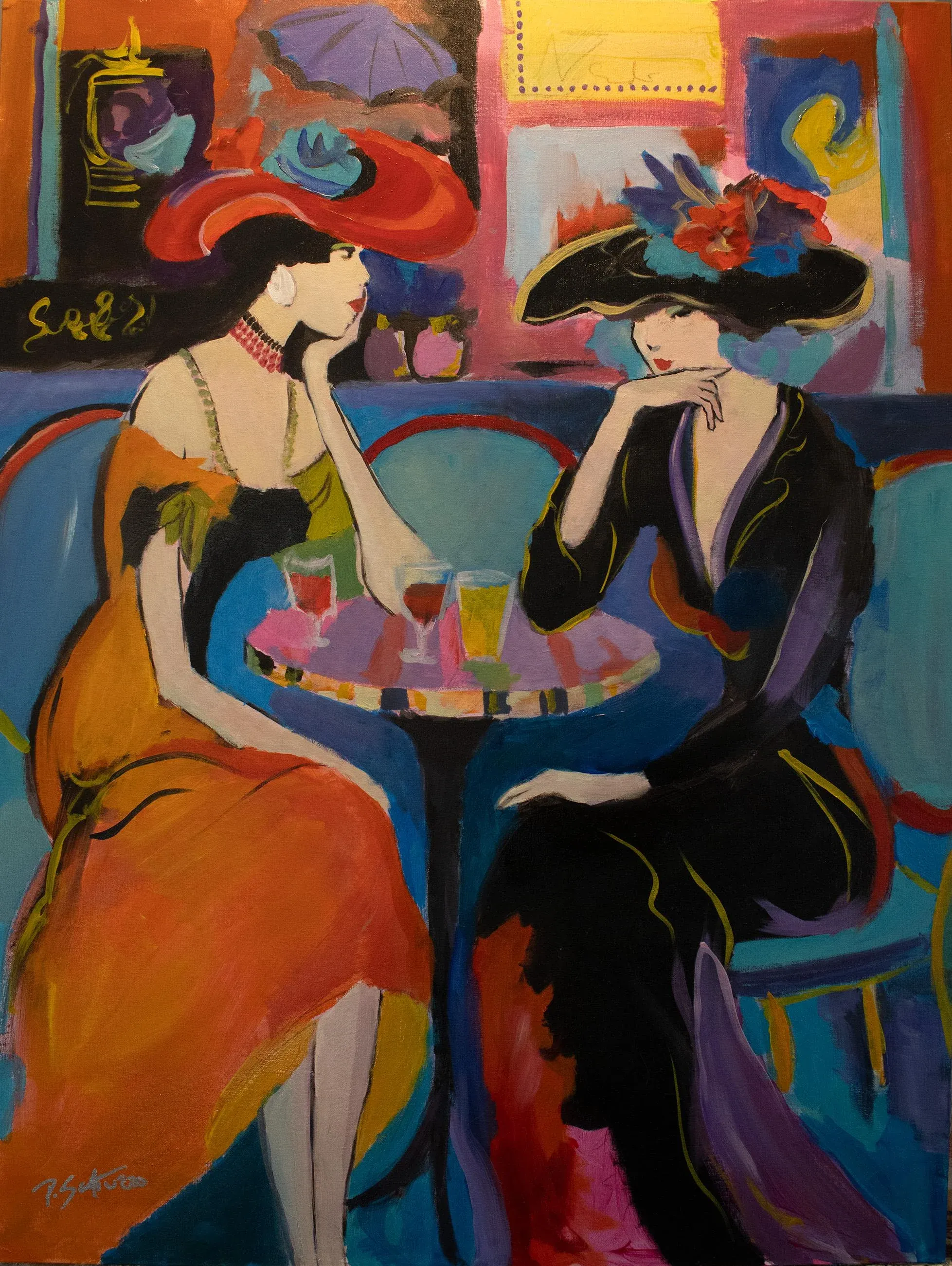 【ジョアン・アイザック】France, Café &、フランス☆カフェとアネモネ Ladies in a French Cafe, Original Oil Painting - Style of Iztach