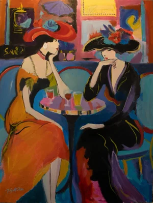 Ladies in a French Cafe, Original Oil Painting - Style of Iztach Tarkay or Isaac Maimon