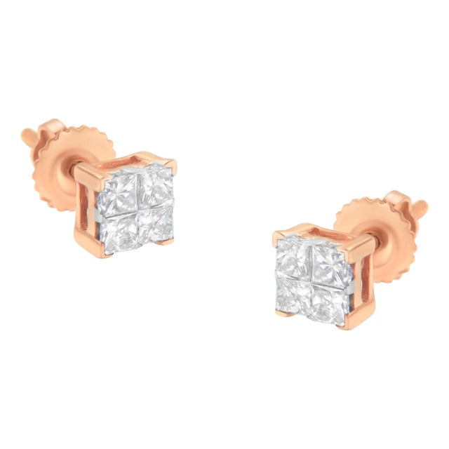 10K Rose Gold Diamond Square Stud Earring (1/2 cttw, I-J Color, I1-I2 Clarity) For Sale