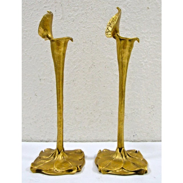 Art Nouveau Late 19th Century Pair Art Nouveau German Cast Brass Calla Lily Candlesticks Attributed to Richard Müller For Sale - Image 3 of 13
