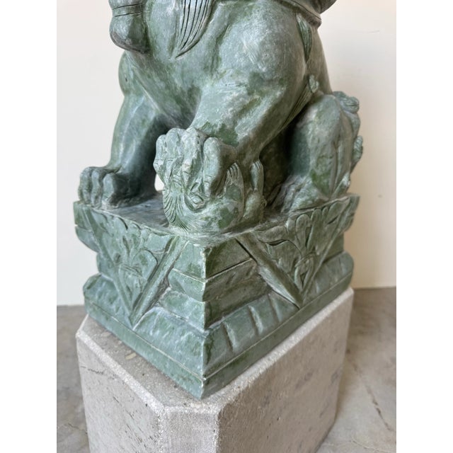 Green Pair of Large Vintage Chinese Green Soapstone Foo Dog Guardian Sculptures For Sale - Image 8 of 12