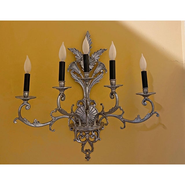 Vintage Large Five-Branch Nickel-Brass Ornate Wall Sconces - a Pair For Sale In Philadelphia - Image 6 of 13