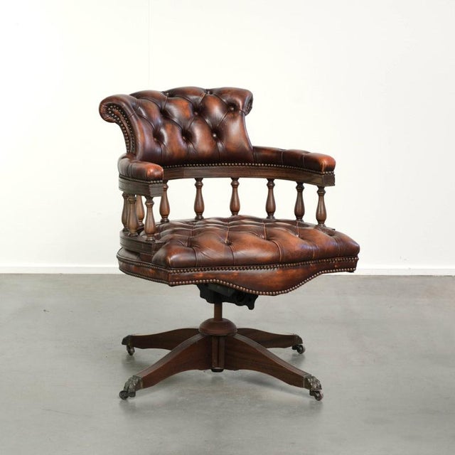 English Cowhide Chesterfield Swivel and Tilt Button Office Chair For Sale - Image 16 of 16
